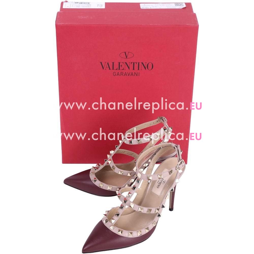 Valentino Rockstud Ankle Strap Cowhide Leather Heel Wine Red V8422595