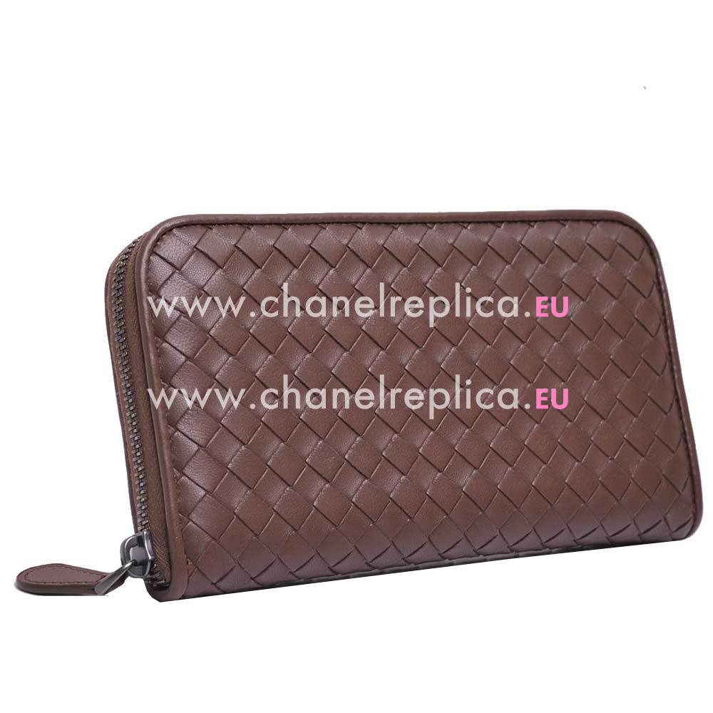 Bottega Veneta Classic Weave Zipper Leather Wallet In Coffee B6110718