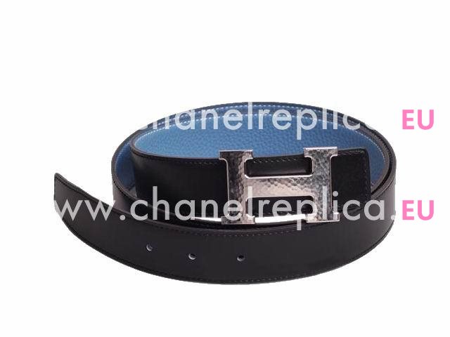 Hermes Silver H Logo Double Sided Calfskin Belt Black/Blue HB22148