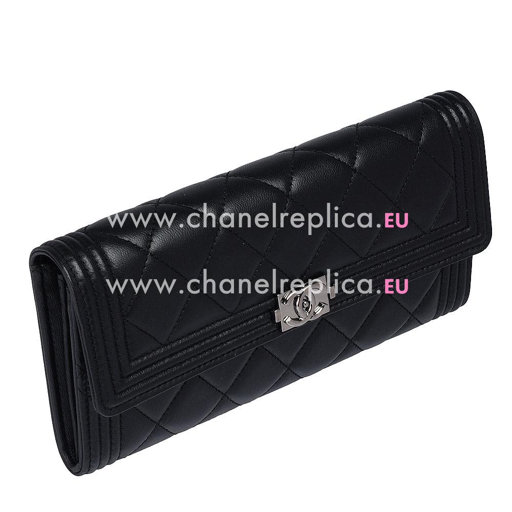 Chanel Lambskin Anti-silver Lock 3Layers Boy Long Wallet Black C541114