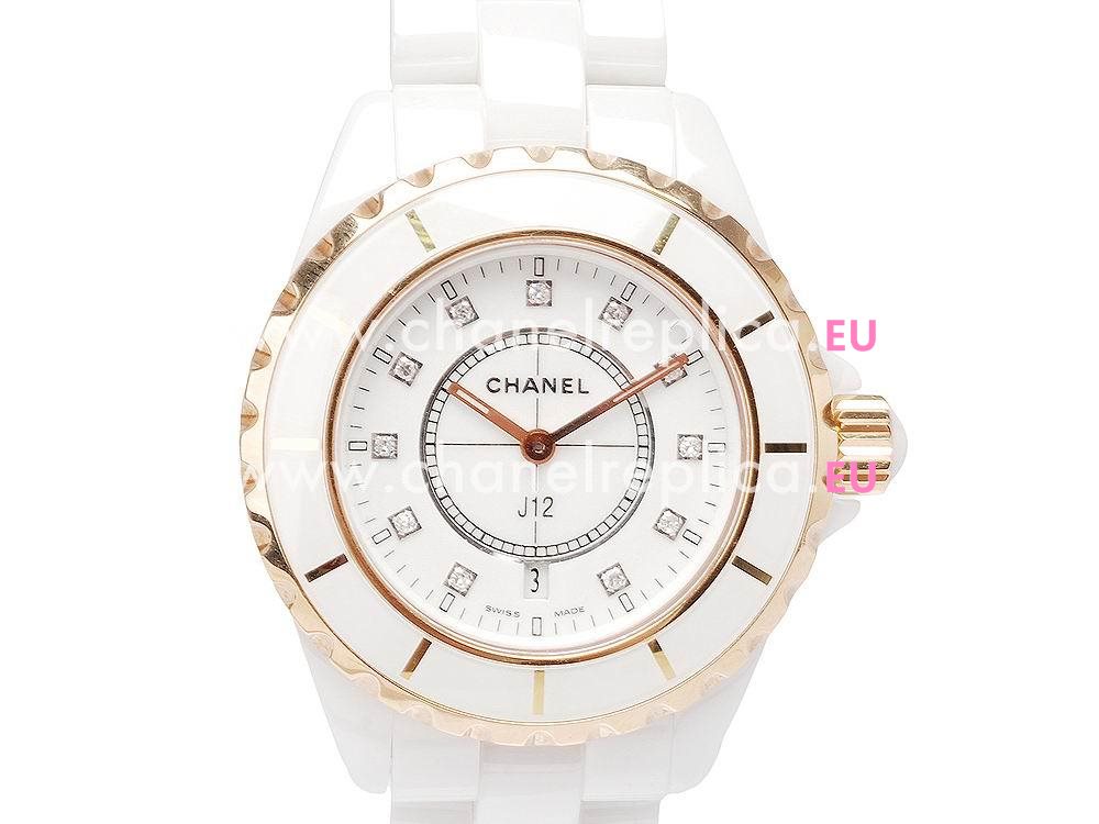 Chanel J12 33mm Quartz Rose Gold Bezel- White Ceramic Bracelet H2181