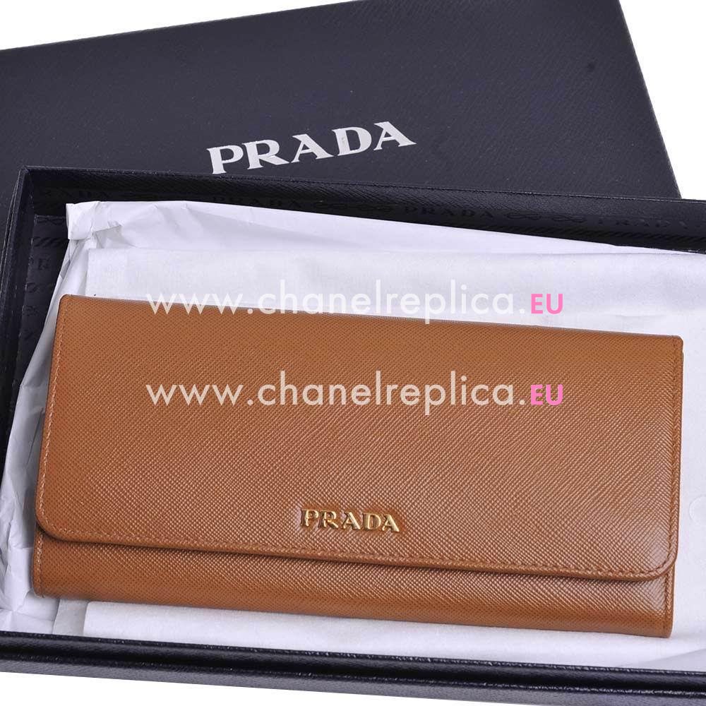 Prada Saffiano Gold Embossment Logo Cowhide Wallet In Camel PR61017037