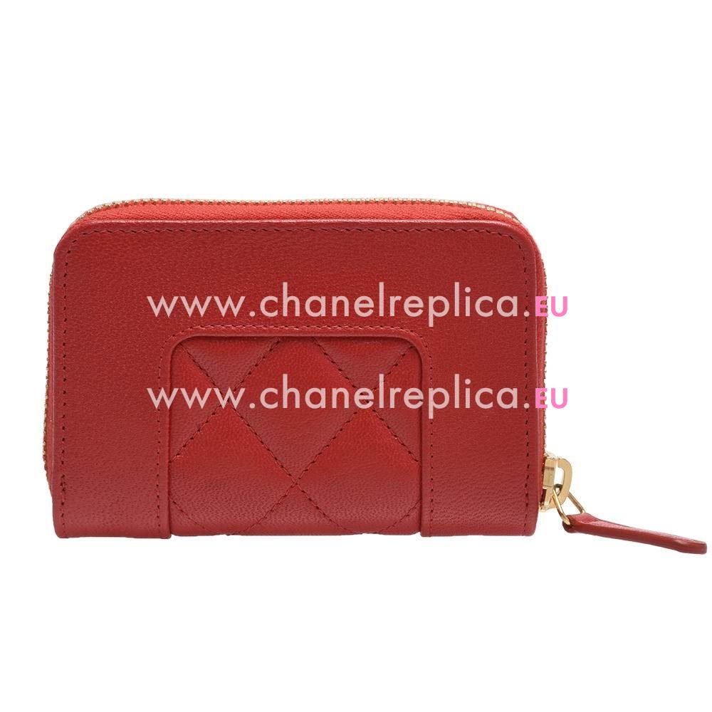 Chanel Classic Anti Silvery CC Logo Calfskin Rhombus Zipper Change Purse Red C6111111