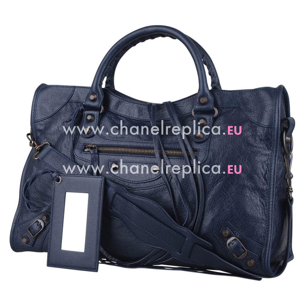 Balenciage City Lambskin Aged Brass hardware Classic Bag Blue Black B2054997