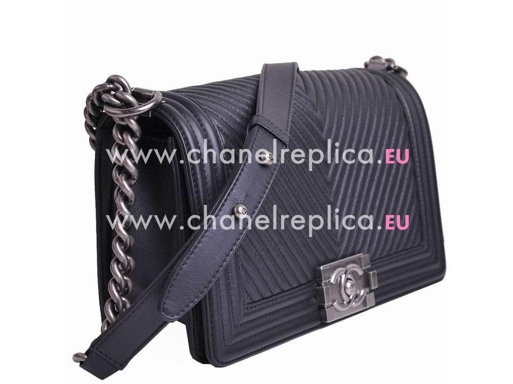 Chanel Calfskin Medium Boy Bag Weave Quilted Black Silver A92493