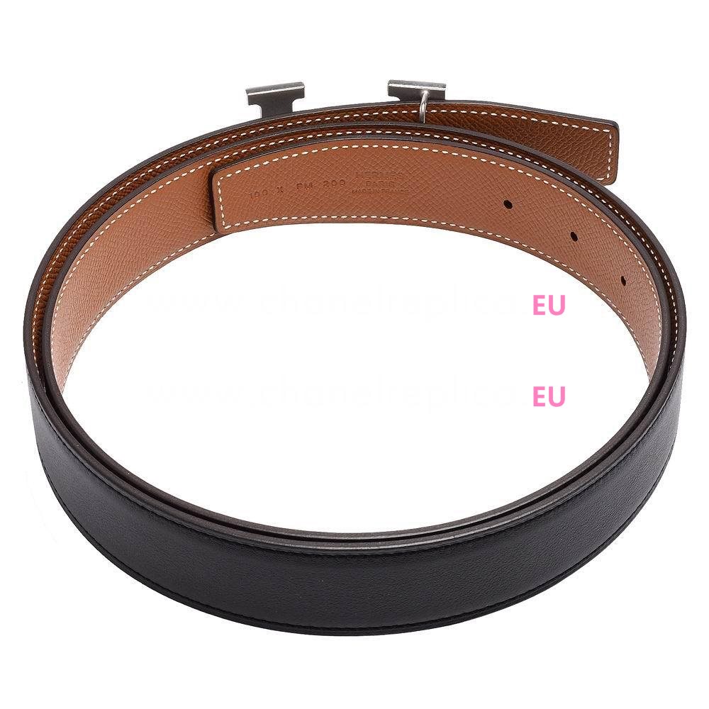 Hermes Silvery Big H Calfskin Leahter two-sided Belt Black/Brown H7022702
