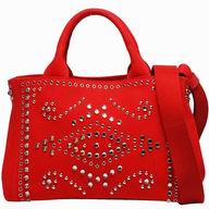 Prada Canapa Emboss Logo Denim Shoulder Bag Rose Red BN57339