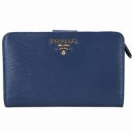 Prada Saffiano Fiocco Embossment Logo Cowhide Zipper Wallet In Blue PR61018006