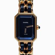 Chanel Premiere 18K Gold and Leather Chain Watch Black/Gold H0001