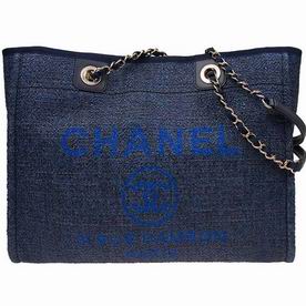 chaneI Tweed Canvas Deauville Shop Tote Bag Silver Chain Tweed Dark Blue A67001CLTDDBLUEGP