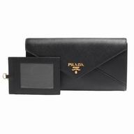 Prada Letter Gold Embossment Logo Cowhide Wallet In Black PR61017012