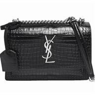 Yves Saint Laurent Silver Logo Crocodile Shoulder Bag Black YV947153
