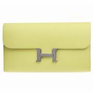 Hermes Constance Epsom Cowhide Kelly Long Wallet Fluorescence Yellow Silver H997814