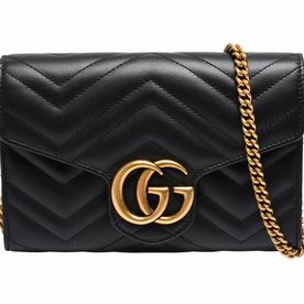 Gucci GG Marmont Anti-Gold GG Logo Calfskin Shoulder Bag Black G592C57