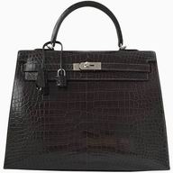 Hermes Kelly 35 Graphite Shiny Porosus Crocodile Palladium Hand Sew Handbag HK1035SEP