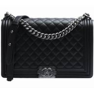 Chanel Calfskin Antique-Silver Chain 28cm Boy Bag Black A58029