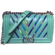 CHANEL Le Boy Colorful V Lines Silvery Hardware Sheepskin Bag in Light Green C7032302