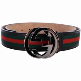 Gucci Silver Buckle Green Red Fabric Black Cowhide Belt G4979426